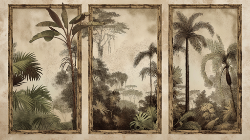 Papier peint tableau mural imitation Scènes luxuriantes de la jungle avec cadre vintage