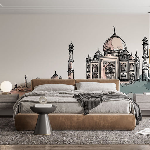 Une chambre moderne avec un papier peint illustratif représentant le Taj Mahal en contours délicats sur fond clair, créant une ambiance artistique et inspirante.