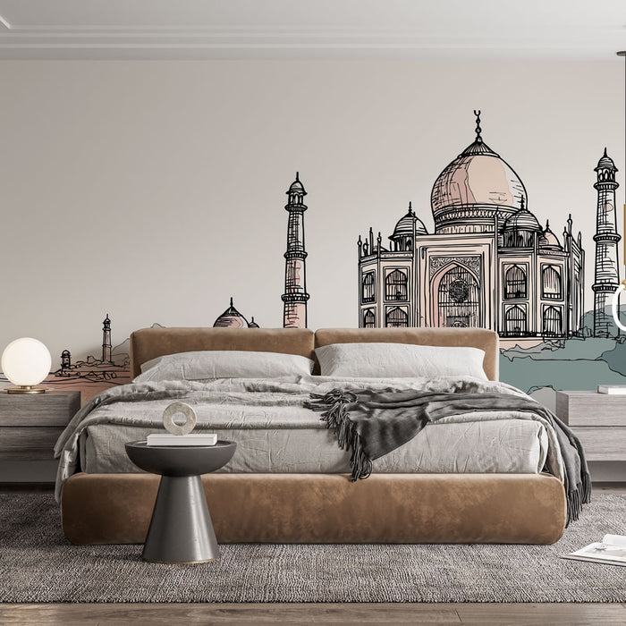 Une chambre moderne avec un papier peint illustratif représentant le Taj Mahal en contours délicats sur fond clair, créant une ambiance artistique et inspirante.