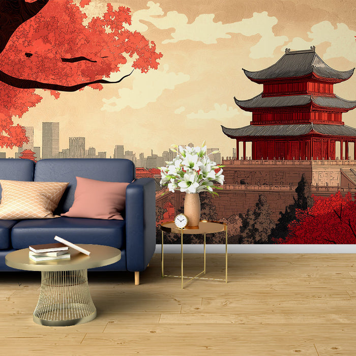 Papier peint asiatique avec temple traditionnel et feuillage automnal pour salon élégant