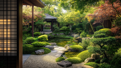 Papier peint temple japonais Paysage serein avec étang et verdure luxuriante
