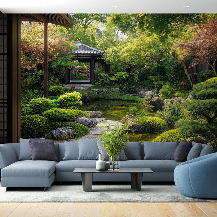 Une pièce de vie moderne avec un papier peint représentant un jardin japonais luxuriant, évoquant sérénité et harmonie grâce à ses teintes vertes et ses éléments naturels.