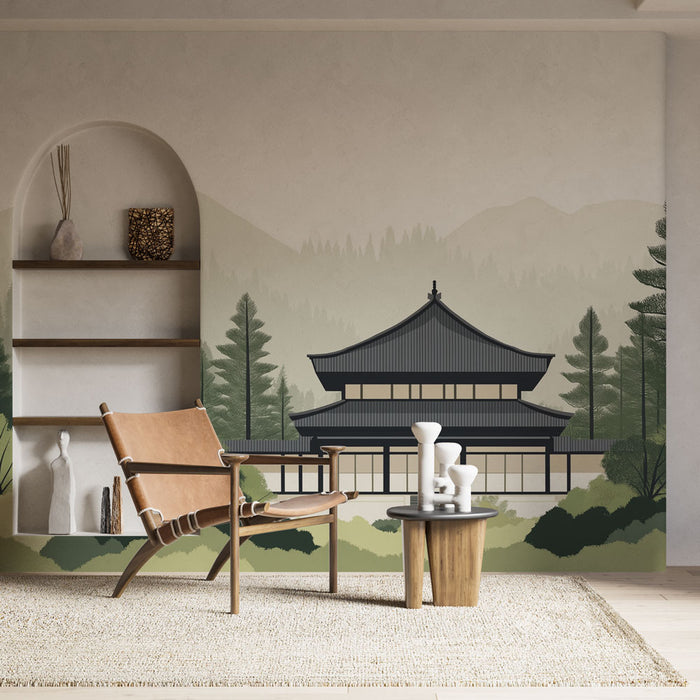 Une pièce lumineuse avec un papier peint représentant un paysage asiatique apaisant, incluant un pavillon noir et des montagnes verdoyantes en arrière-plan.
