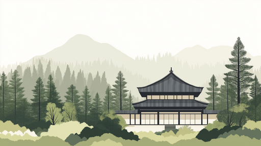 Papier peint temple zen Un paysage paisible de montagnes et de forêt avec un temple traditionnel