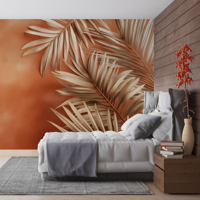 Papier peint terracotta | Feuilles élégantes sur fond chaud