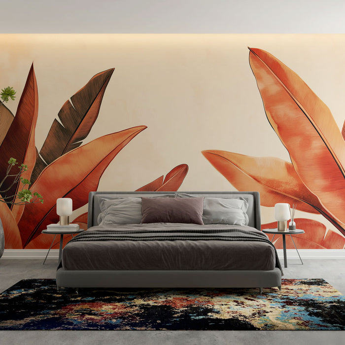 Papier peint terracotta | Feuilles tropicales aux nuances chaudes