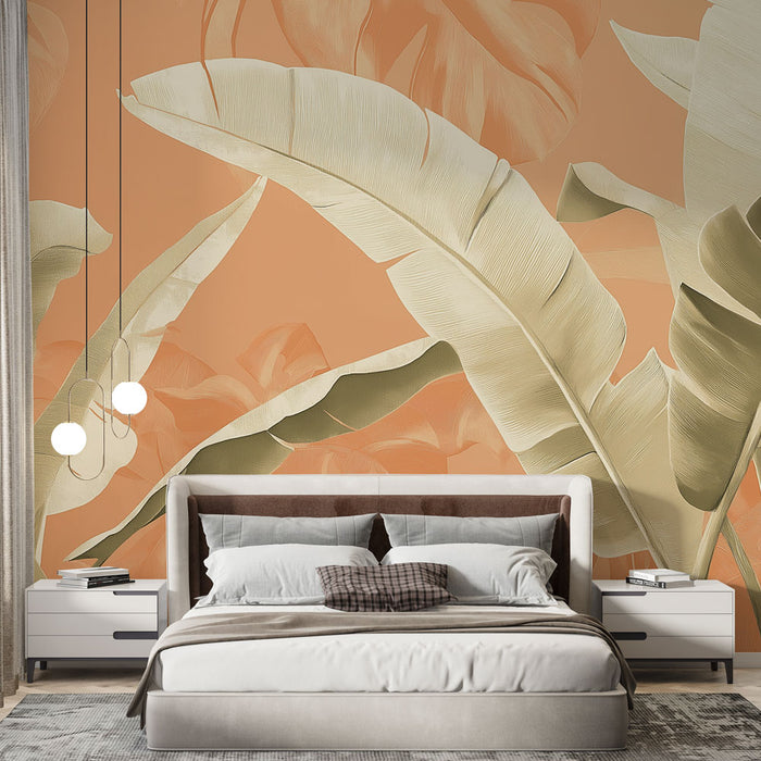 Papier peint terracotta| Feuilles tropicales sur fond orange apaisant