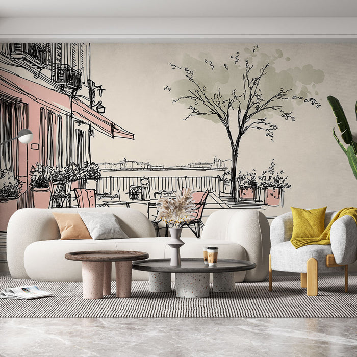 Un salon moderne avec un papier peint illustratif représentant une terrasse en bord de mer, aux teintes douces et aux lignes épurées, créant une atmosphère chaleureuse et accueillante.