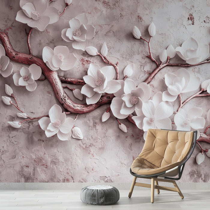 Une pièce moderne avec un papier peint floral en relief représentant des fleurs blanches délicates sur un fond rose texturé, créant une ambiance douce et apaisante.