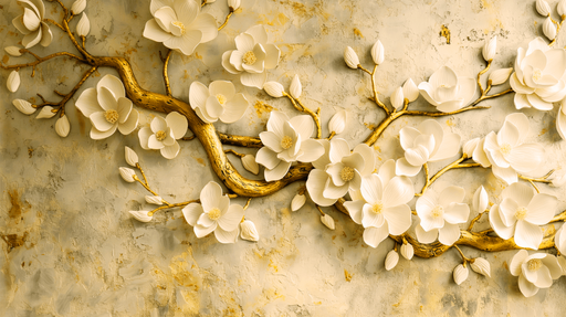 Papier peint tete de lit arbre et fleurs dores retro