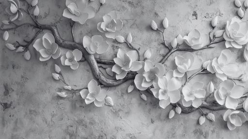 Papier peint tete de lit arbre et fleurs noir et blanc