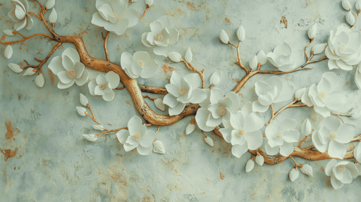 Papier peint tete de lit arbre et fleurs vert d eau