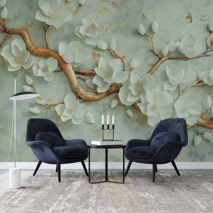 Un salon élégant avec un papier peint représentant des fleurs blanches en relief sur un fond vert doux, créant une atmosphère apaisante et naturelle.