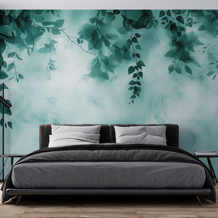 Une chambre moderne avec un papier peint aux nuances de vert et bleu, illustrant des feuilles délicates sur un fond doux et apaisant.