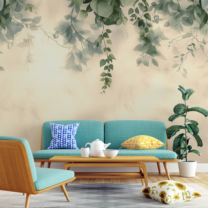Un salon lumineux avec un papier peint représentant des feuillages délicats sur fond beige, créant une atmosphère apaisante et naturelle.