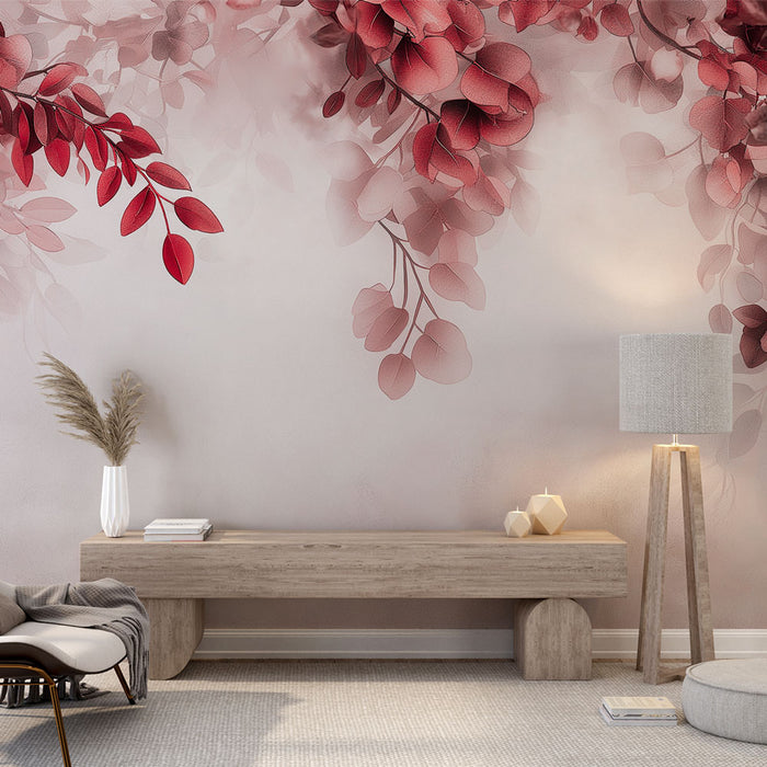 Une pièce lumineuse avec un papier peint aux motifs de feuilles rouges et roses, créant une atmosphère douce et apaisante.