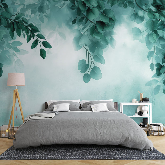 Une chambre apaisante avec un papier peint aux motifs de feuilles vertes sur fond dégradé bleu clair, créant une atmosphère naturelle et sereine.