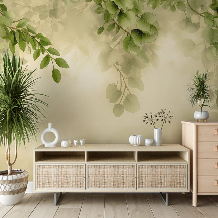 Un salon lumineux avec un papier peint aux motifs de feuillage délicat sur fond beige, créant une atmosphère apaisante et naturelle.