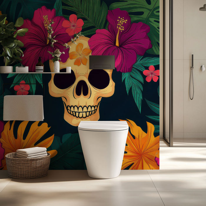 Papier peint toilette | Tête de mort tropical entouré d'hibiscus colorés