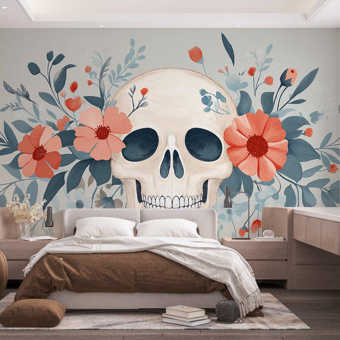 Papier peint tête de mort avec coquelicots pastel pour décoration murale moderne chambre adulte