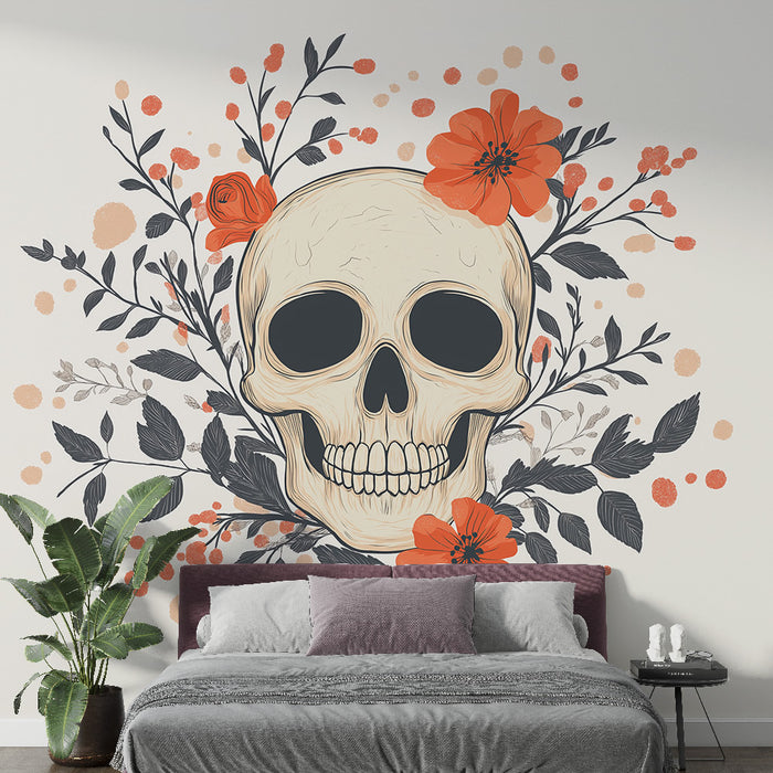 Papier peint tête de mort élégante avec fleurs orange pour décoration murale moderne