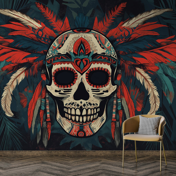 Papier peint panoramique tête de mort esprit tribal avec plumes rouges pour décoration murale moderne