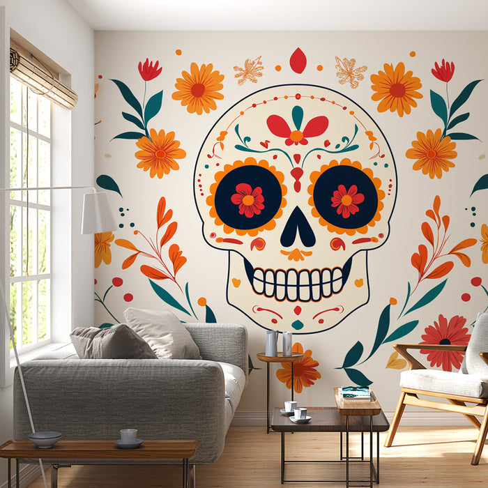 Papier peint tête de mort mexicaine avec fleurs colorées pour salon moderne et festif.