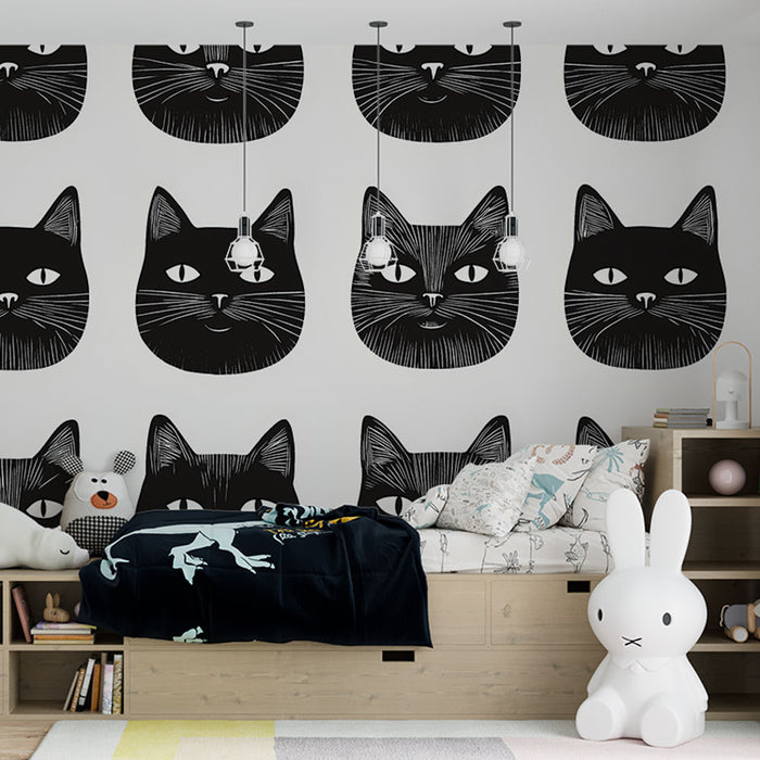 Papier peint têtes de chats | Visages de chats élégants en noir et blanc