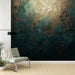 Papier peint design abstrait avec texture dorée et vert profond pour salon moderne