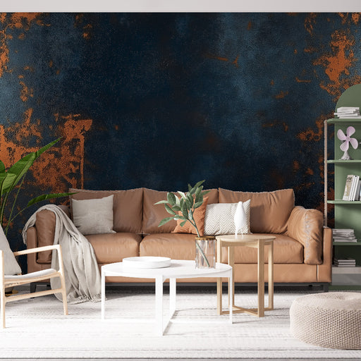 Papier peint texture métallique effet bleu nuit et cuivre pour salon moderne