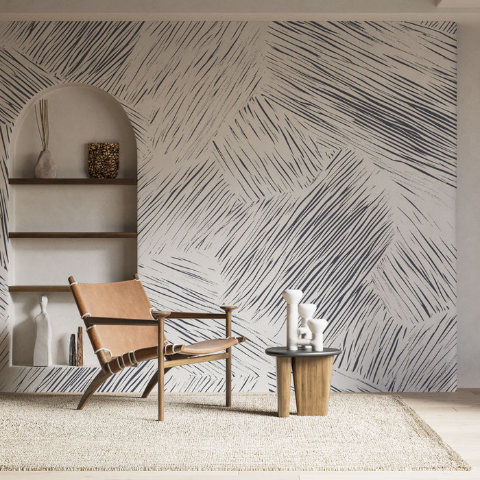 Papier peint abstrait noir et blanc avec motif linéaire pour salon moderne