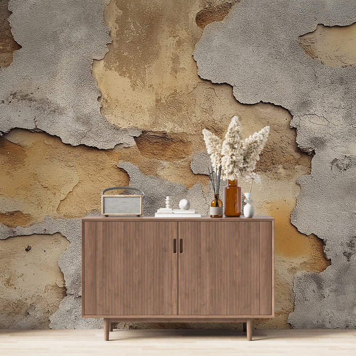 Papier peint mural texturé avec aspect érodé et authentique pour décoration intérieure moderne.