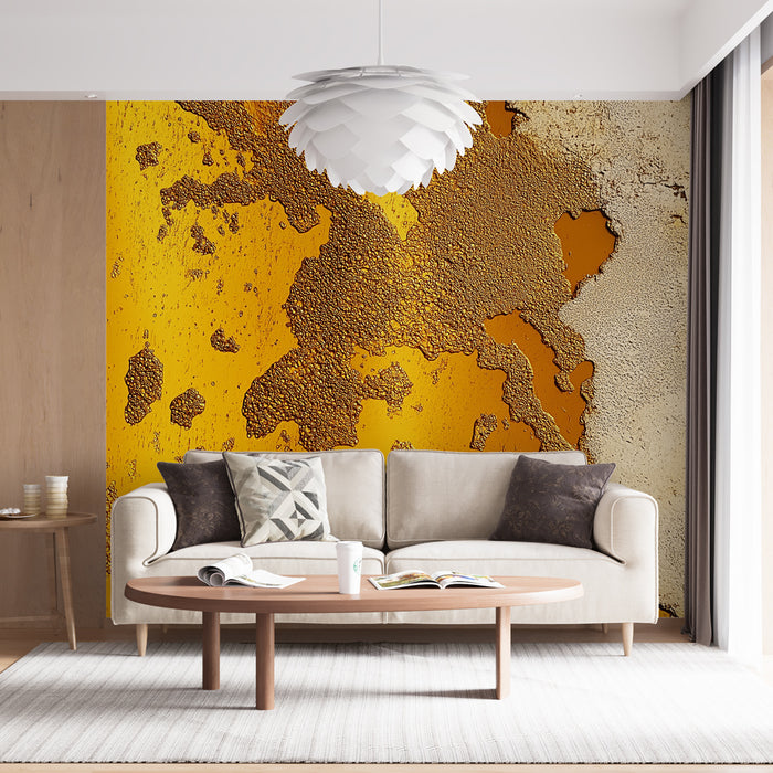 Papier peint texture rouille avec motif vibrant de métaux oxydés, nuances dorées et brunes pour salon moderne