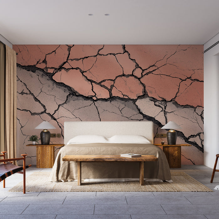 Une chambre moderne avec un papier peint texturé aux nuances de rose et de noir, évoquant une ambiance artistique et contemporaine.