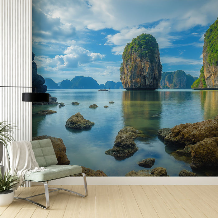 Papier peint thailande | Paysage côtier avec formations rocheuses majestueuses et eaux calmes