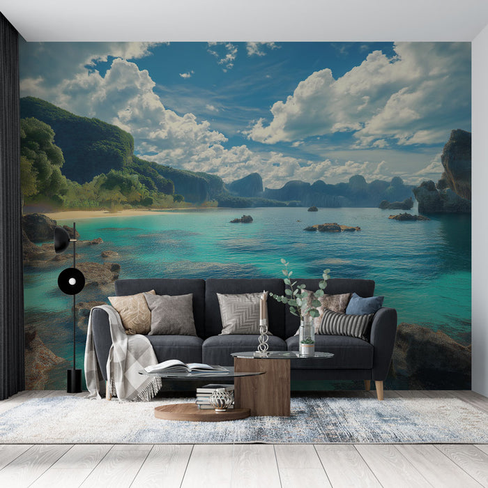 Papier peint thailande | Plage paradisiaque avec des rochers majestueux et une mer turquoise
