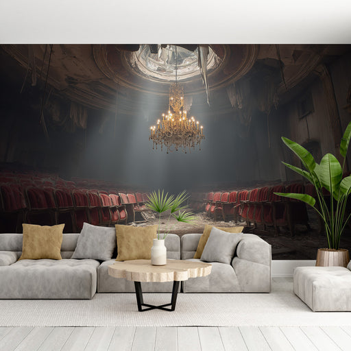 Une pièce moderne avec un papier peint représentant un ancien théâtre aux fauteuils rouges, éclairé par un lustre majestueux, créant une atmosphère nostalgique et mystérieuse.