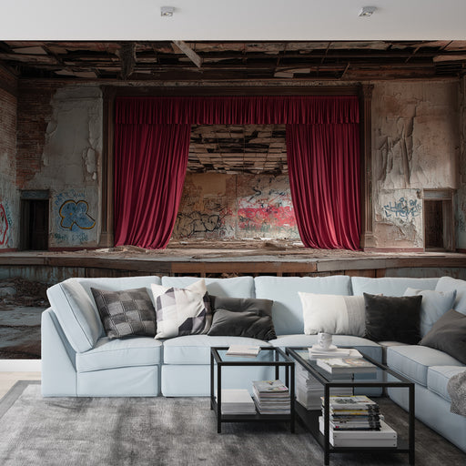 Un salon moderne avec un papier peint représentant une scène de théâtre abandonné, mêlant des rideaux rouges et des murs décorés de graffitis, créant une ambiance à la fois nostalgique et artistique.