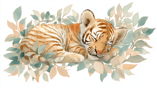 Papier peint tigre Adorable tigre endormi entouré de feuillage délicat
