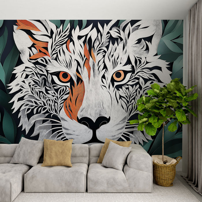 Papier peint design artistique avec motif de tigre et feuilles pour salon moderne.