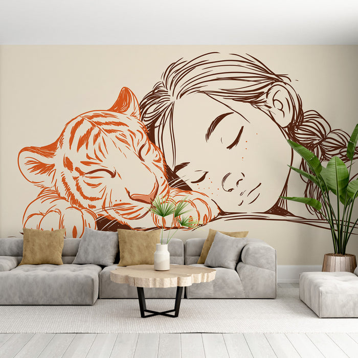 Une pièce moderne avec un papier peint artistique représentant un tigre et une jeune fille aux traits délicats, créant une ambiance douce et rêveuse.