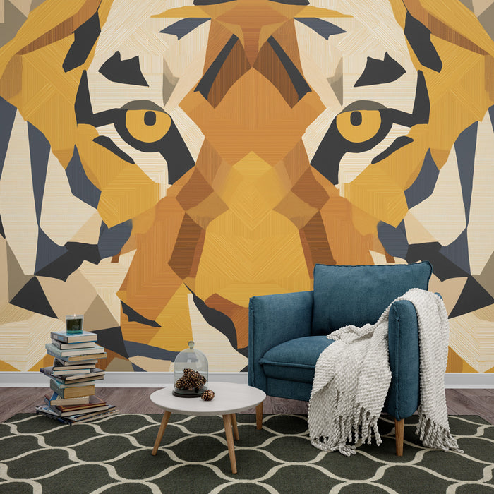 Un salon contemporain avec un papier peint représentant un tigre stylisé aux couleurs chaudes et géométriques, créant une ambiance audacieuse et captivante.