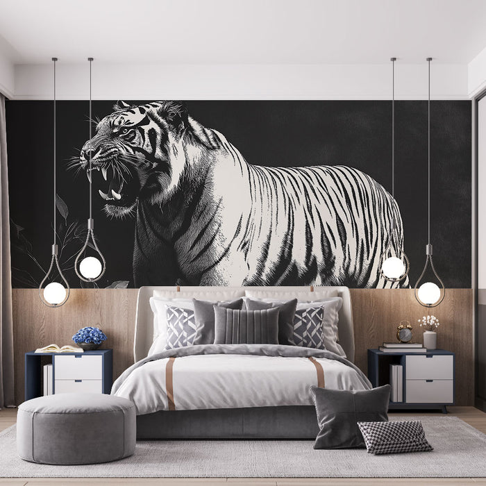 Papier peint tigre | Illustration artistique d'un tigre en noir et blanc