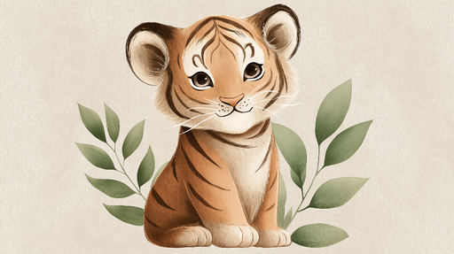 Papier peint tigre mignon Adorable petit tigre entouré de feuilles vertes
