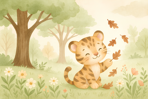 Papier peint tigre mignon Tigre joyeux s'amusant avec des feuilles en automne