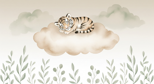 Papier peint tigre mignon Un adorable tigre endormi sur un nuage en douceur