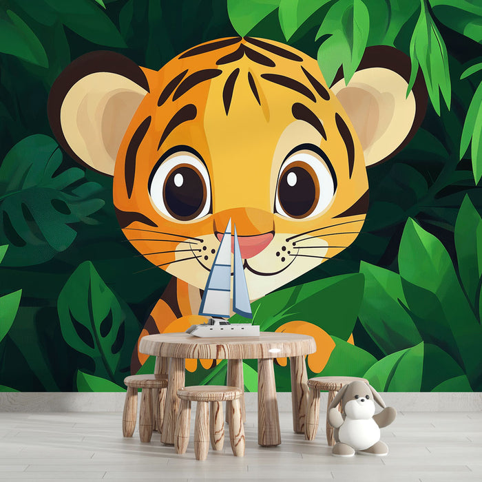 Une chambre d'enfant avec un papier peint illustrant un tigre mignon entouré de feuillage luxuriant, créant une ambiance ludique et chaleureuse.