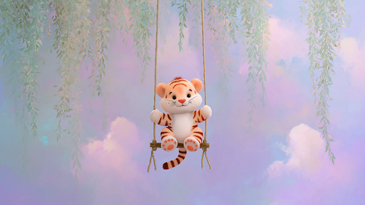 Papier peint tigre mignon Un tigre joyeux sur une balançoire sous des feuillages délicats