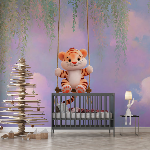 Une chambre d'enfant avec un papier peint aux dégradés pastel évoquant un ciel doux, créant une ambiance rêveuse et apaisante.