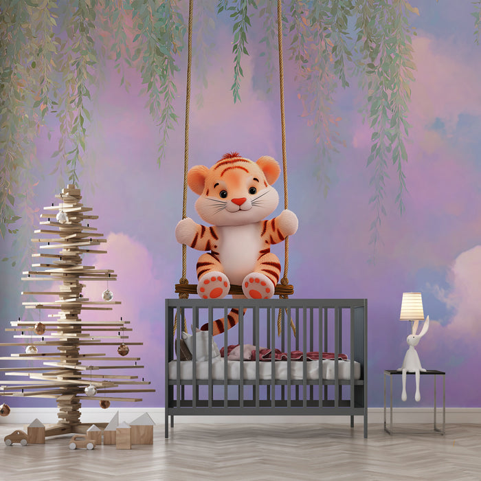 Une chambre d'enfant avec un papier peint aux dégradés pastel évoquant un ciel doux, créant une ambiance rêveuse et apaisante.